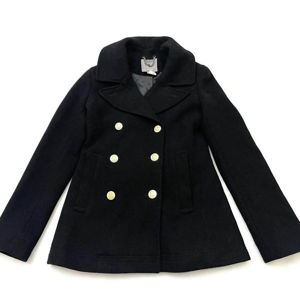 J Crew Stadium Cloth Nello Gori Wool Peacoat 2 Black Gold Buttons Double Breast